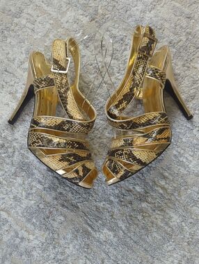 BCBG Gold Snake-Print Slingback Heels Size 9